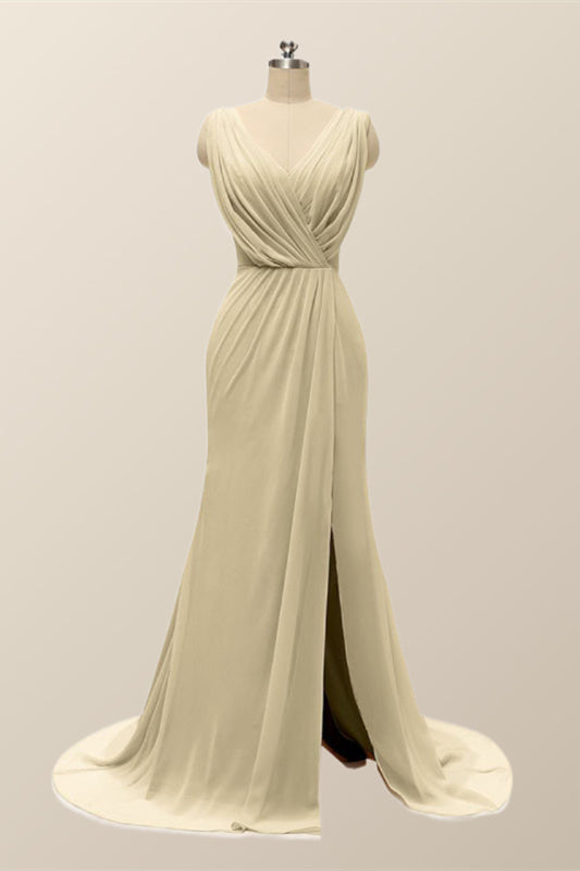 Champagne Pleated Chiffon Long Bridesmaid Dress