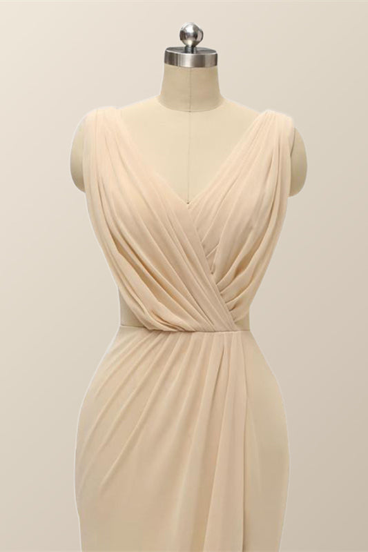 v neck mikado bridesmaid dress with side pleats Stacees Flutter Sleeve V Neck Chiffon Long Bridesmaid Dress with Pleats