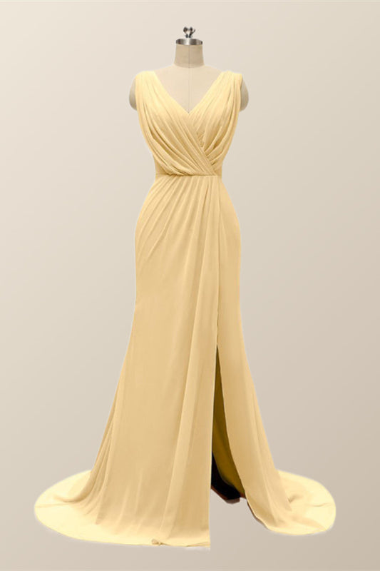 V Neck Gold Pleated Chiffon Long Bridesmaid Dress