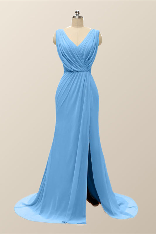 V Neck Blue Pleated Chiffon Long Bridesmaid Dress