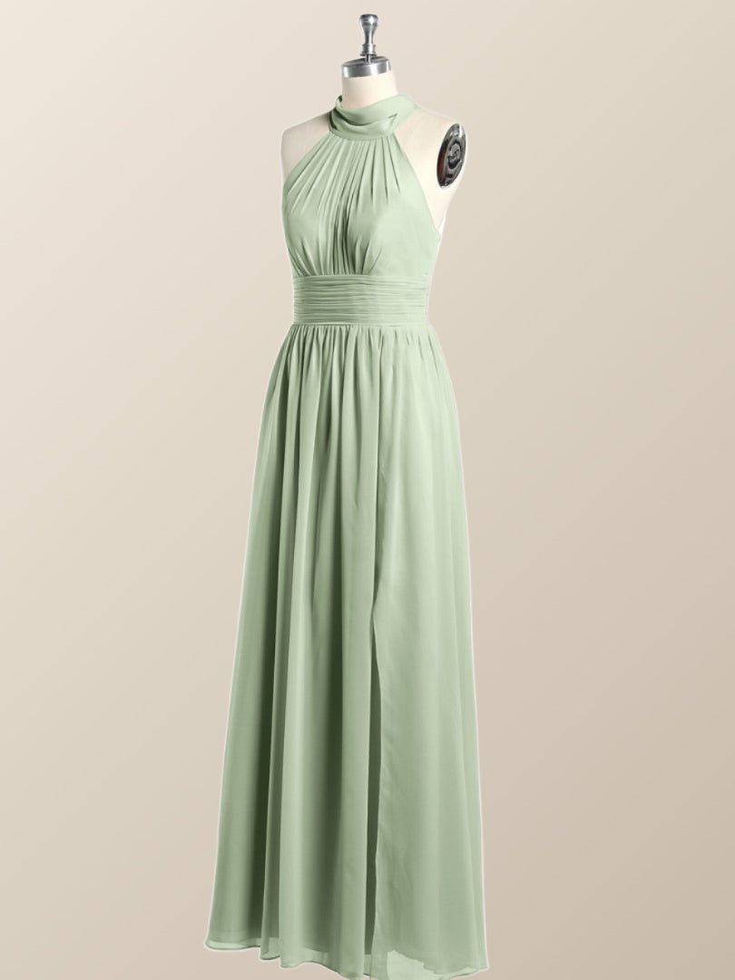 High Neck Mint Green Chiffon A-line Bridesmaid Dress