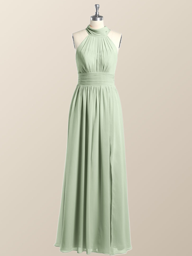 High Neck Mint Green Chiffon A-line Bridesmaid Dress