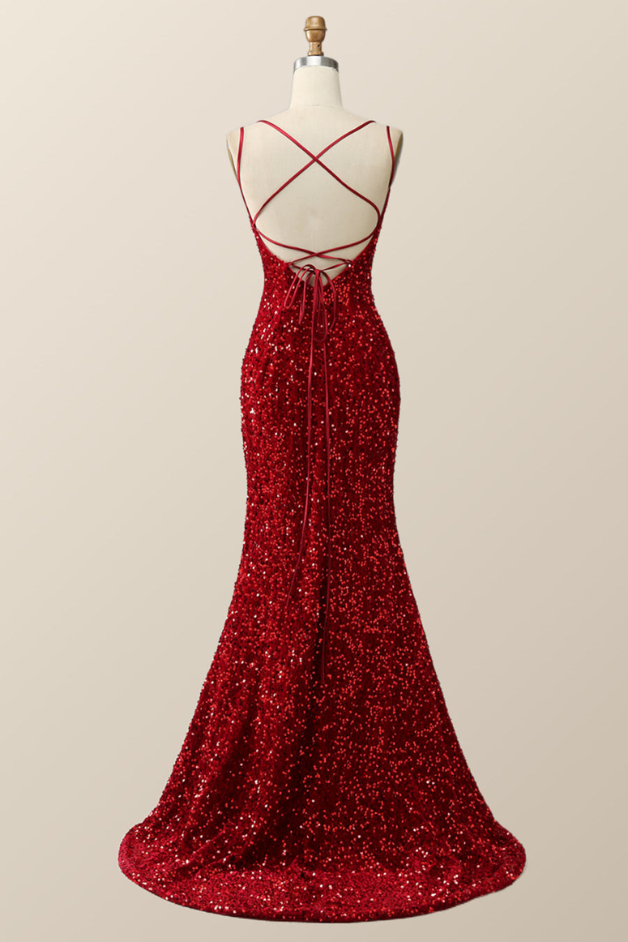 Double Straps Red Sequin Mermaid Long Prom Dress