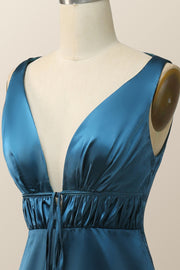 Plunge Neck Ink Blue Long Bridesmaid Dress