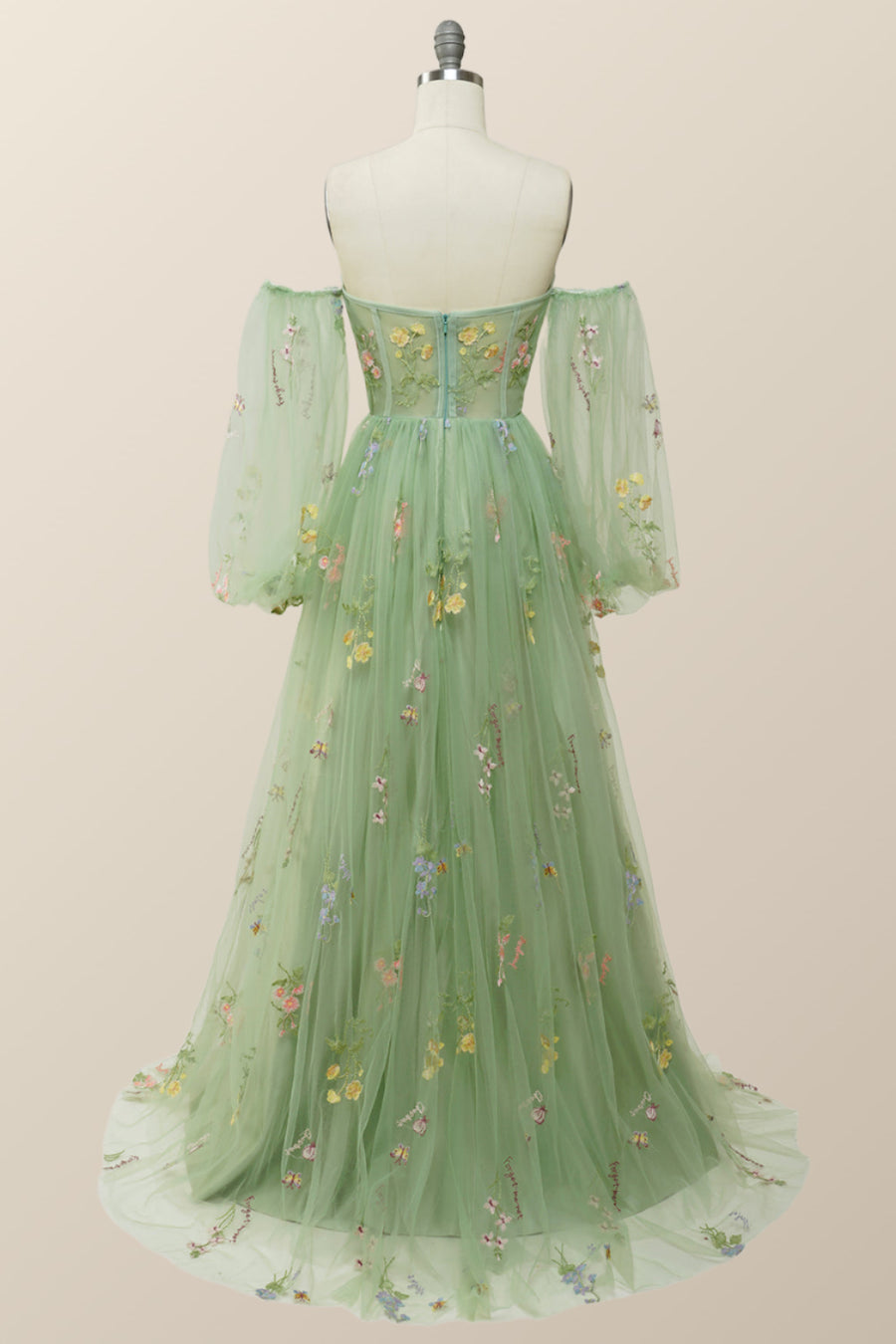 Soft Green Floral Embroidery Formal Dress