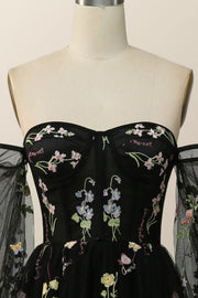 Soft Black Floral Embroidery Formal Dress