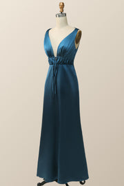 Plunge Neck Ink Blue Long Bridesmaid Dress