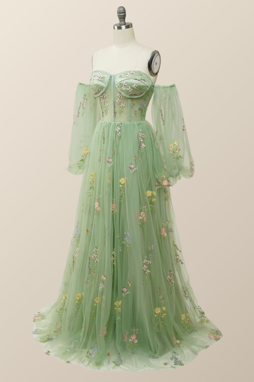 Soft Green Floral Embroidery Formal Dress