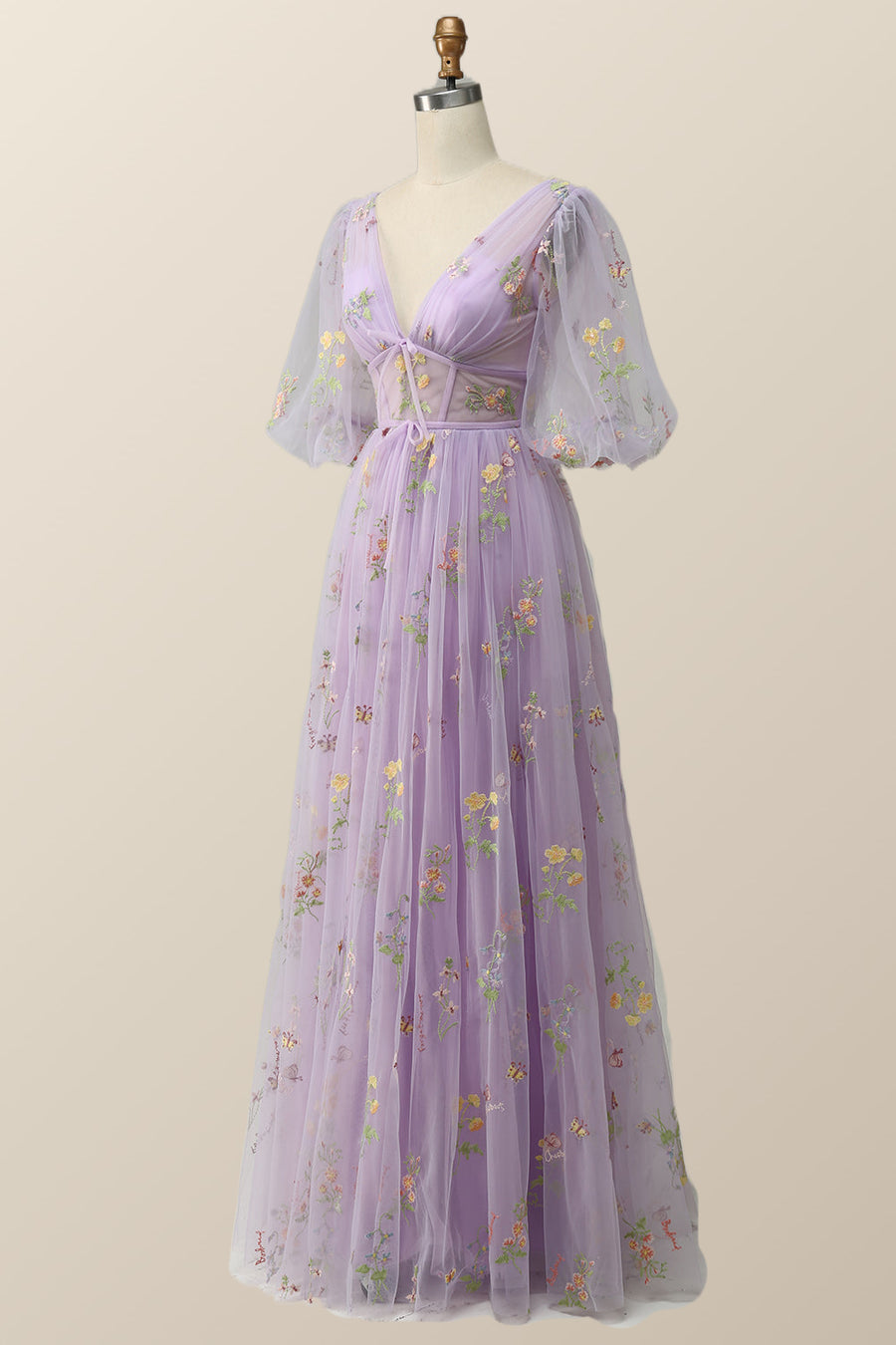 Puffy Sleeves Lavender Tulle Floral Embroidery Formal Dress Ohmollydress Puffy Sleeves Lavender Tulle Floral Embroidery Formal Dress Ohmollydress