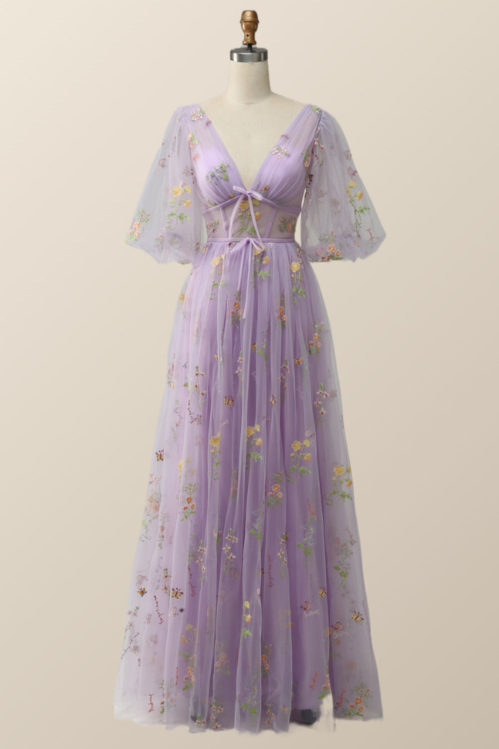 Puffy Sleeves Lavender Tulle Floral Embroidery Formal Dress