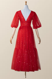 Red Puffy Sleeves Glitters Tea Length Dress