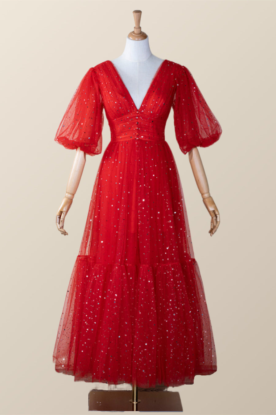 Red Puffy Sleeves Glitters Tea Length Dress