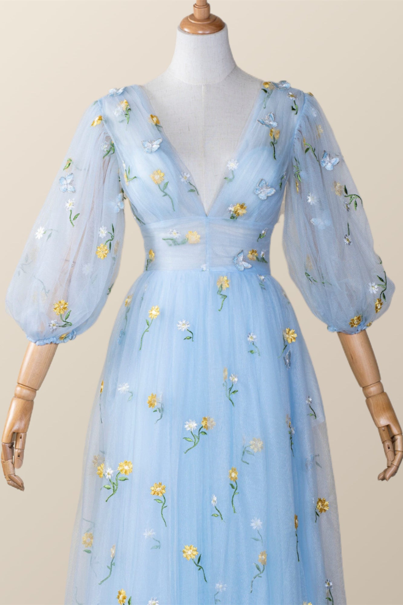 Blue and Yellow Daisy Floral Tea Length Dress