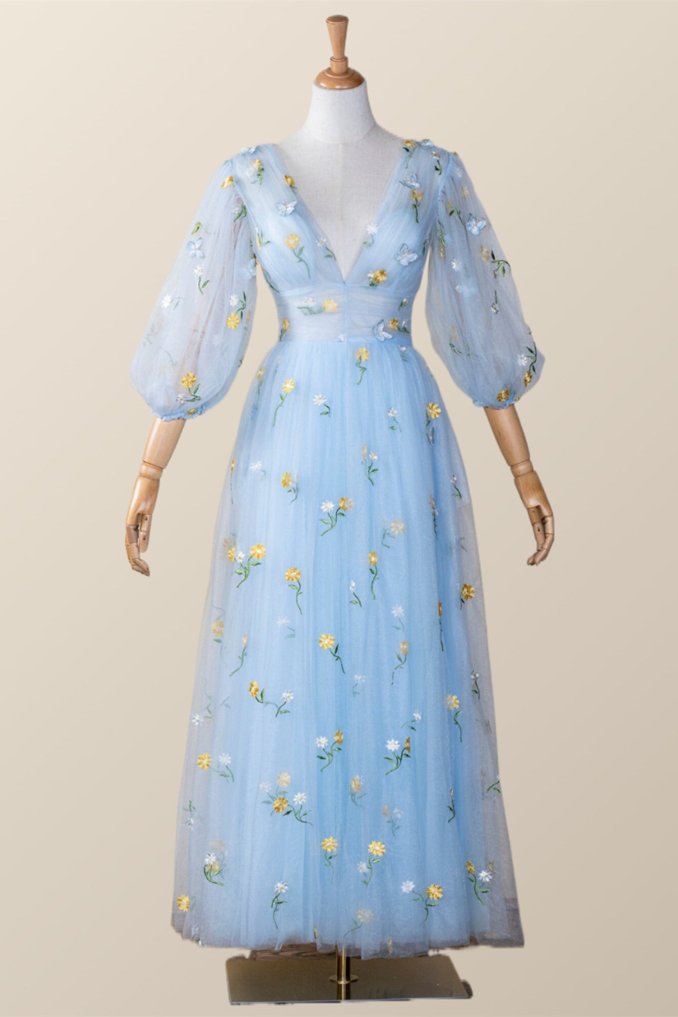 Blue and Yellow Daisy Floral Tea Length Dress