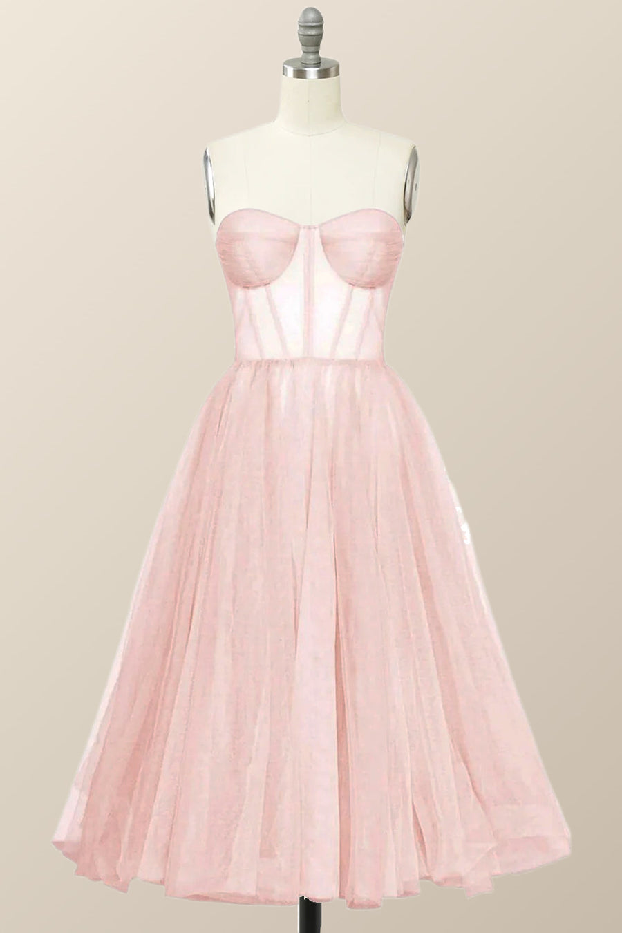 Strapless Pink Tulle A-line Midi Dress