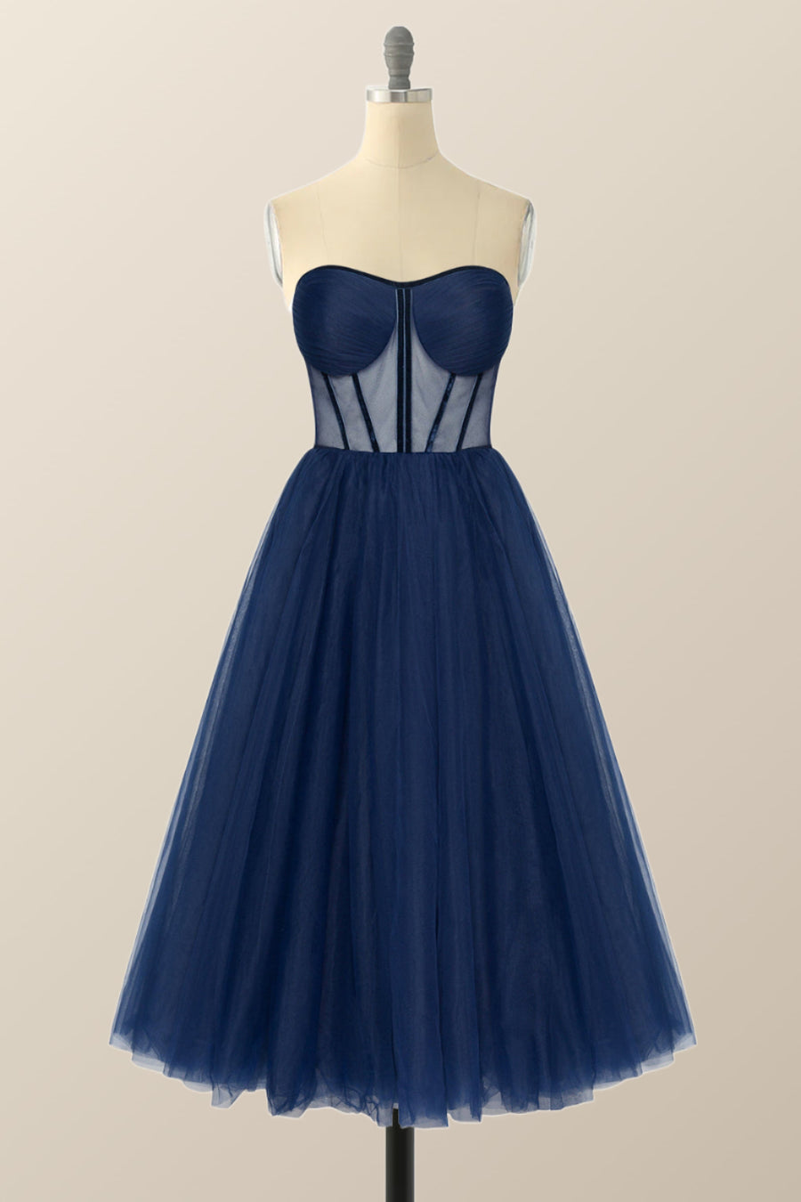 Strapless Navy Blue Green Tulle A-line Midi Dress