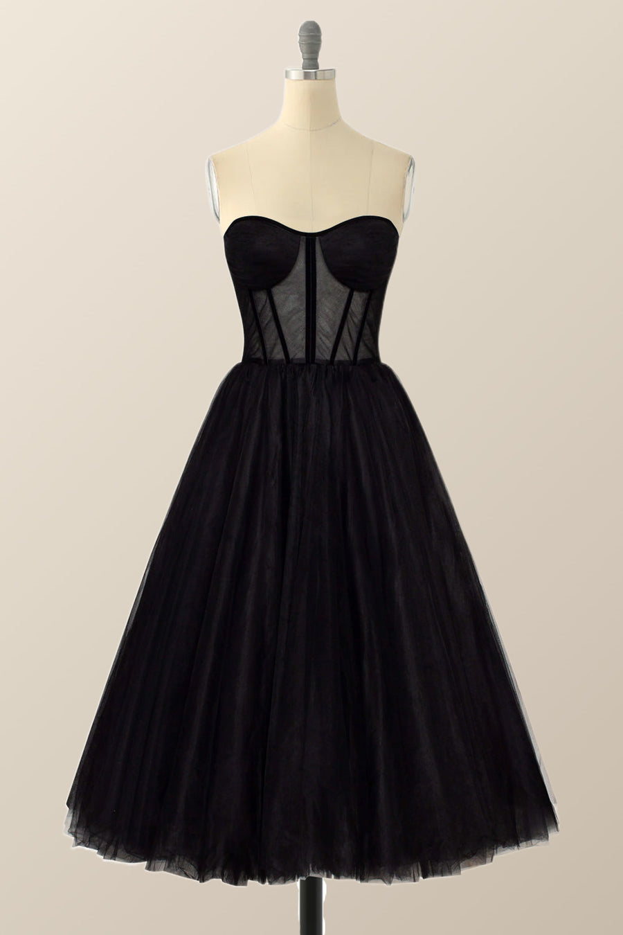 Strapless Black Tulle A-line Midi Dress