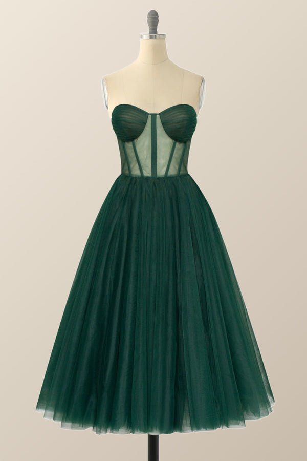 green emerald velvet dress Sage Green Tulle A-line Strapless Sweetheart Neck Prom Dresses With Slit,  MP936 main image 0