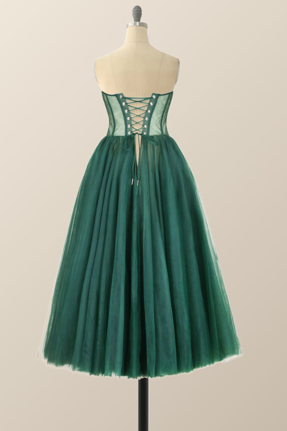 Strapless Emerald Green Tulle A-line Midi Dress