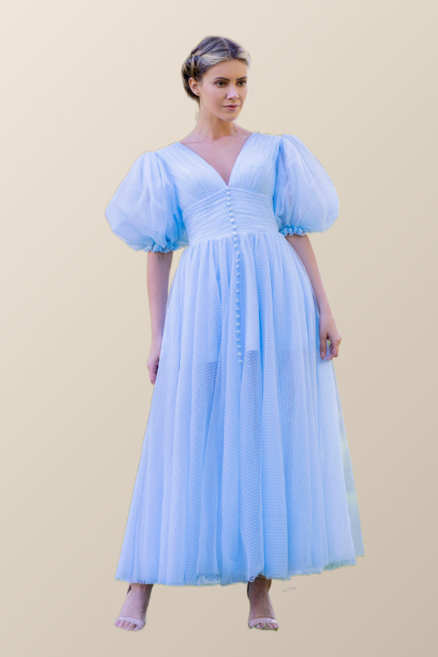 Puffy Sleeves Blue Empire Tea Length Dress