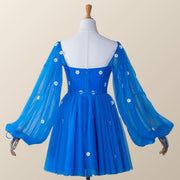 Daisy Embroiderd Blue Puffy Sleeves Mini Dress