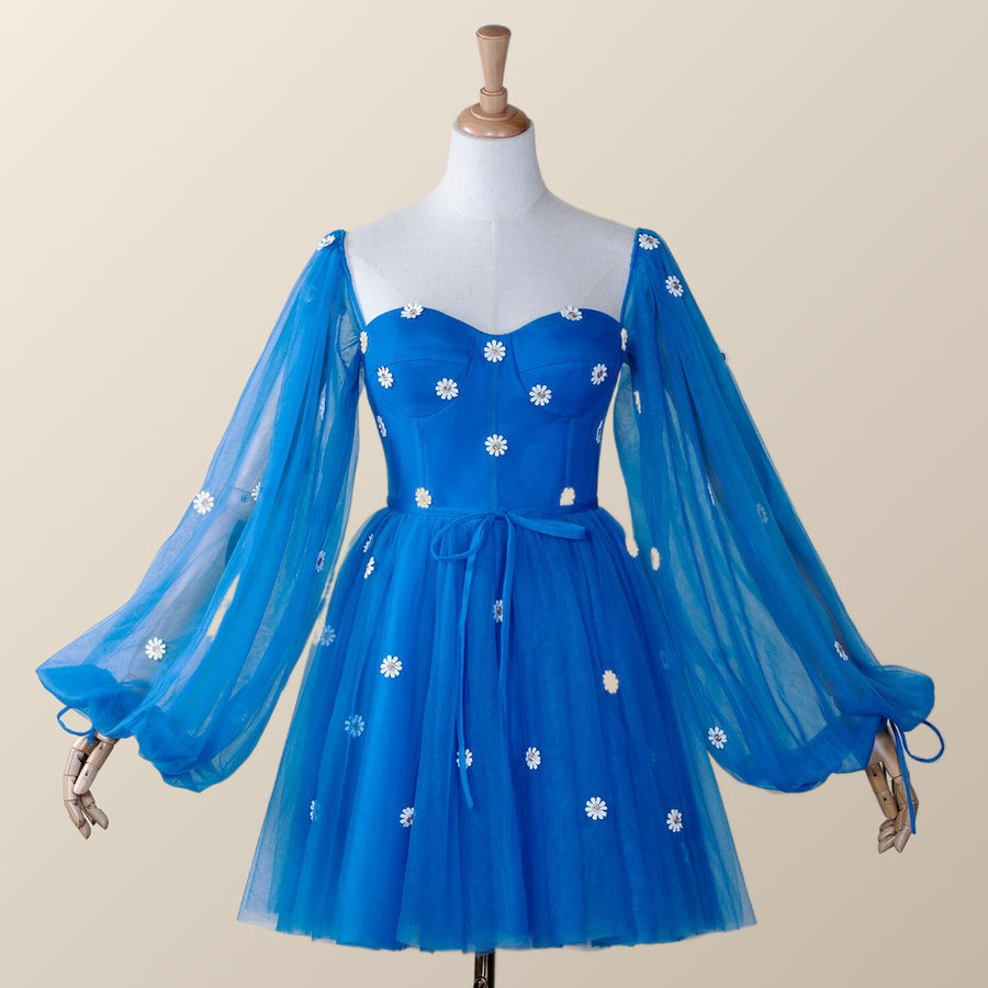 Daisy Embroiderd Blue Puffy Sleeves Mini Dress Ohmollydress Daisy Embroiderd Blue Puffy Sleeves Mini Dress Ohmollydress