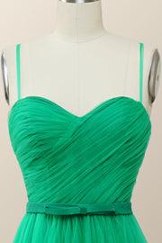 Spaghetti Straps Green Tulle Midi Dress