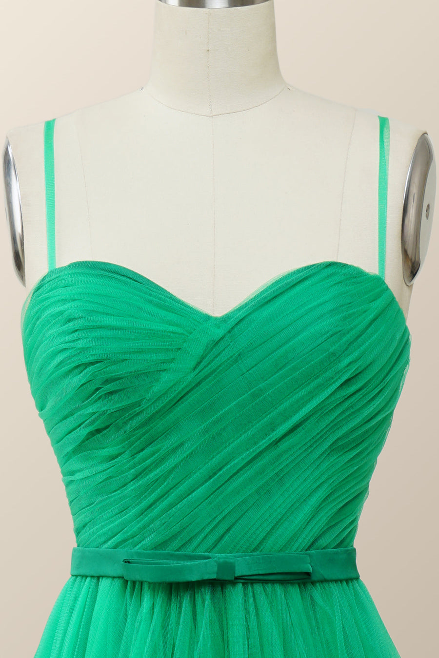 Spaghetti Straps Green Tulle Midi Dress