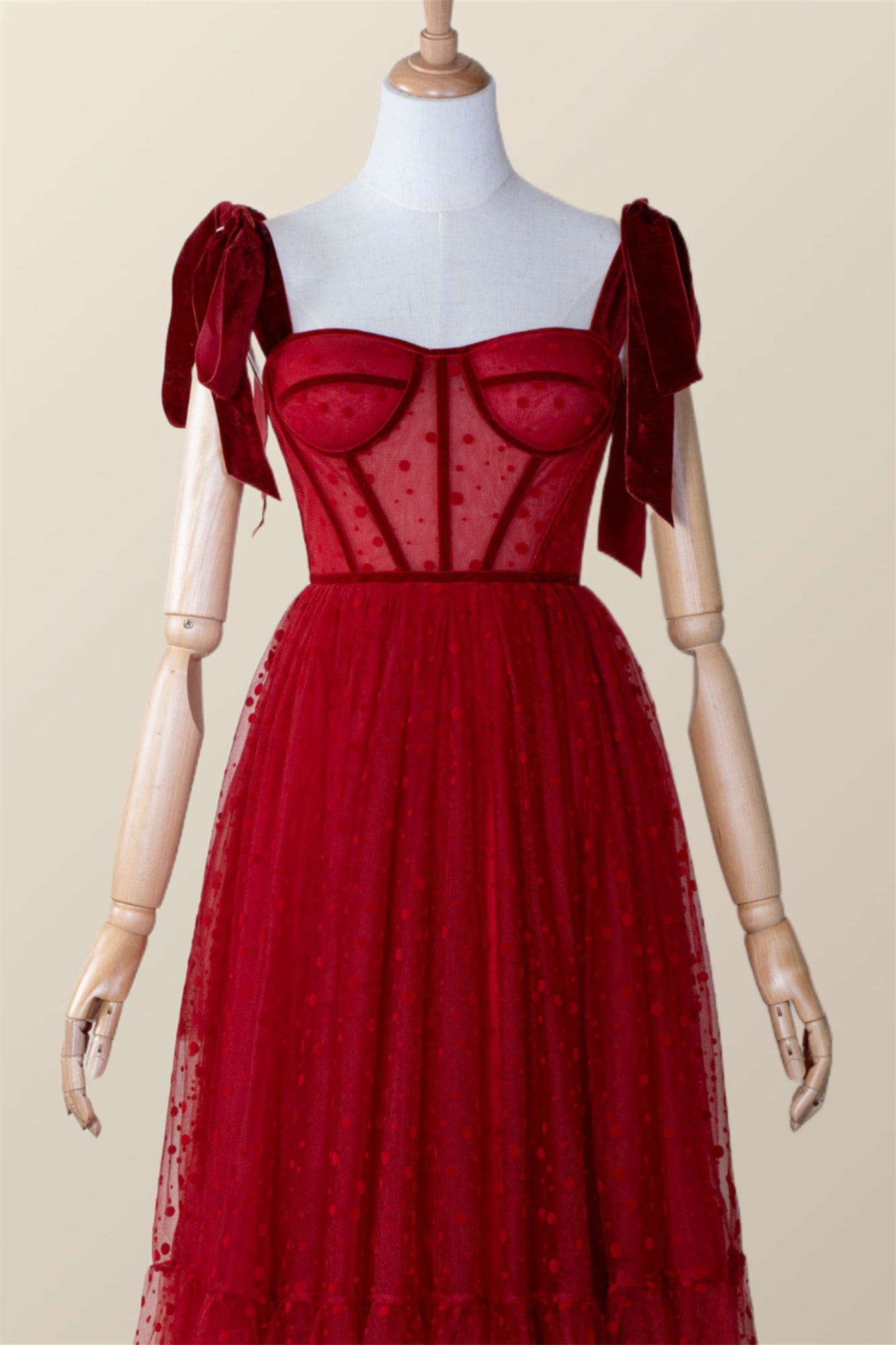 Red Dotted Tulle Corset Ankle Length Dress