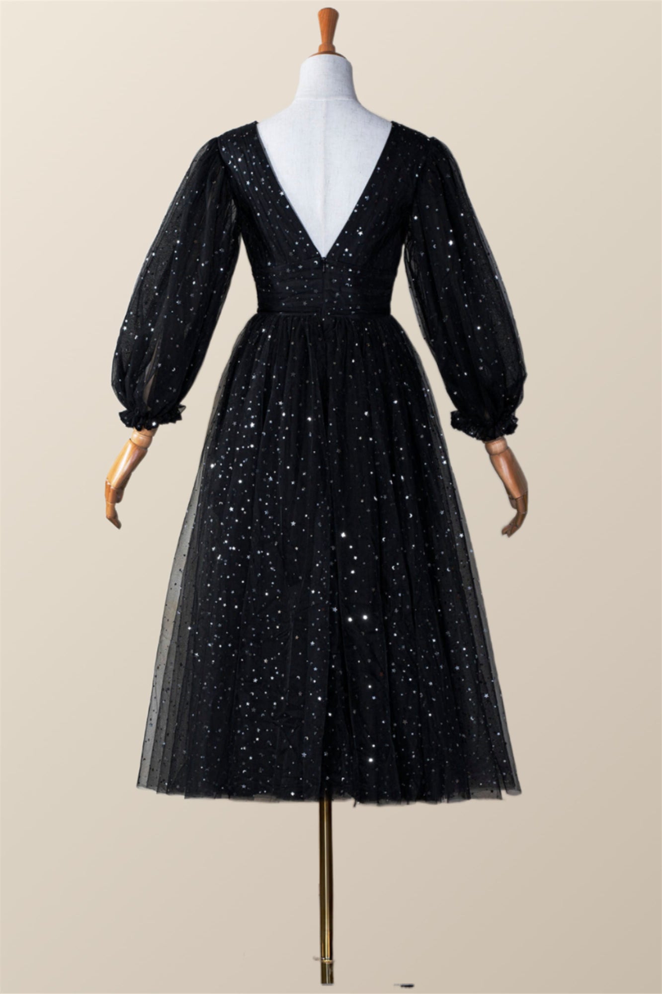 Long Sleeves Black Starry Tulle Midi Dress  Ohmollydress