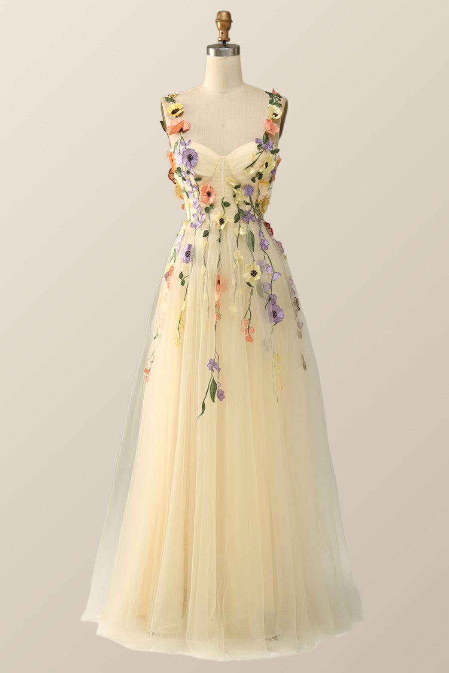 Champagne Tulle and Floral Embroidery Long Formal Gown