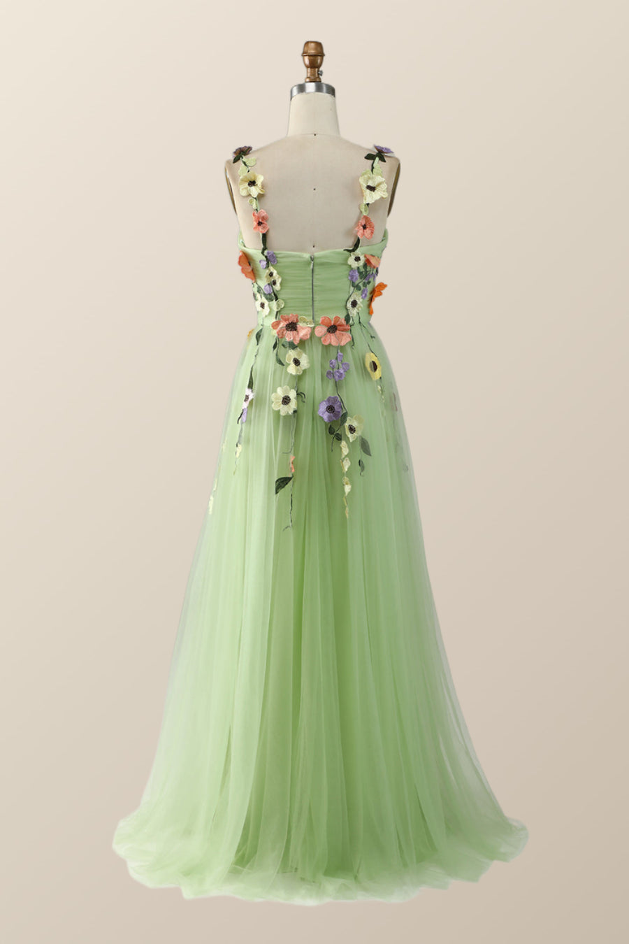 Green Tulle and Floral Embroidery Long Formal Gown