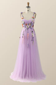 Lavender Tulle and Floral Embroidery Long Formal Gown