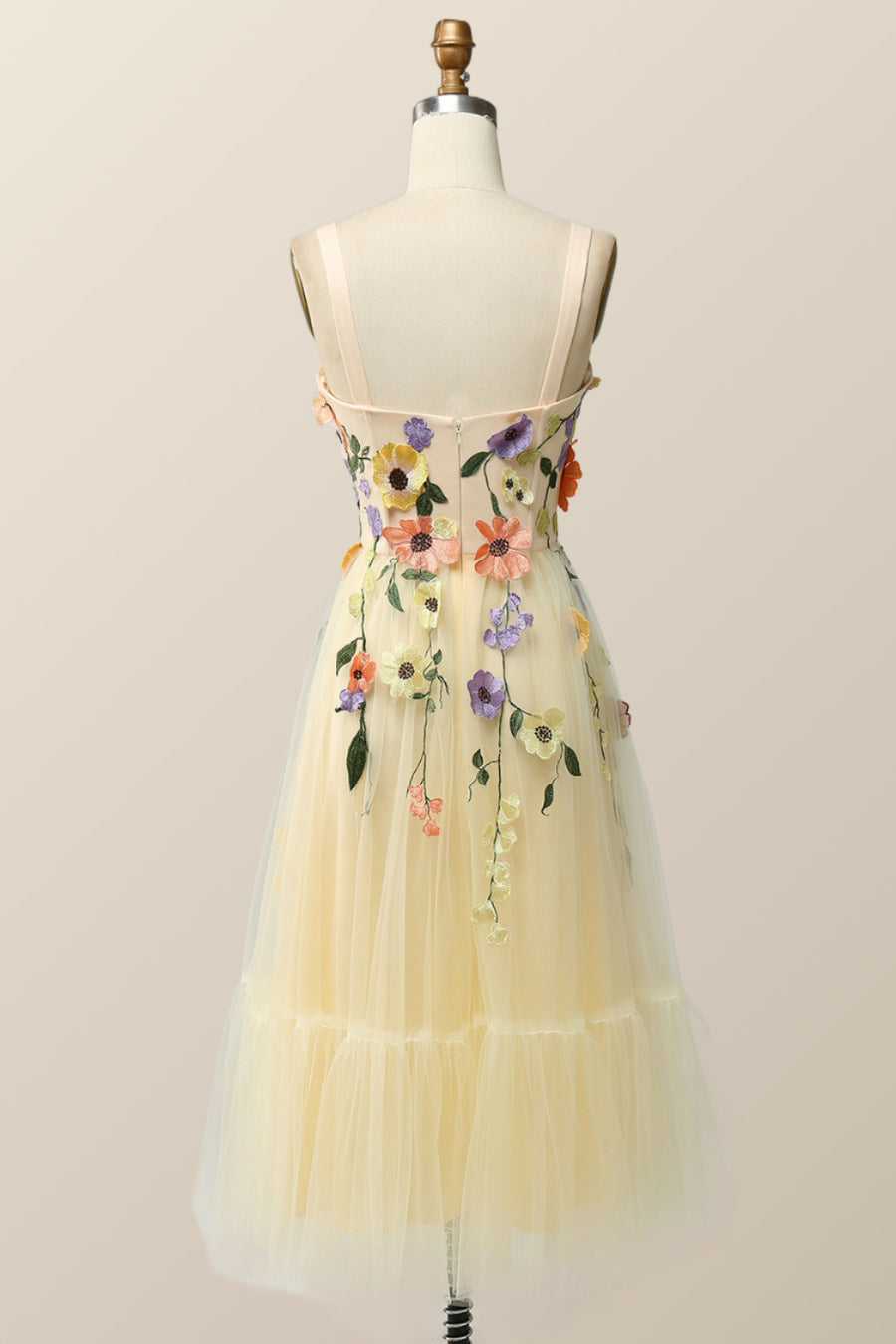 Champagne Tulle and Floral Embroidery Tea Length Gown