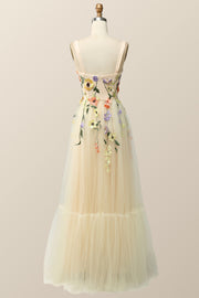 Champagne Tulle and Floral Embroidery Formal Gown
