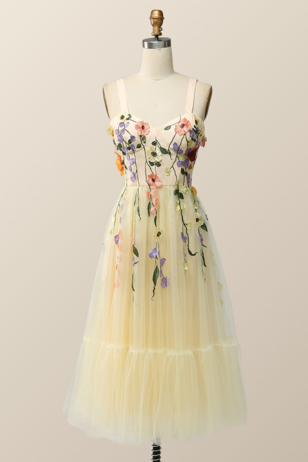 Champagne Tulle and Floral Embroidery Tea Length Gown