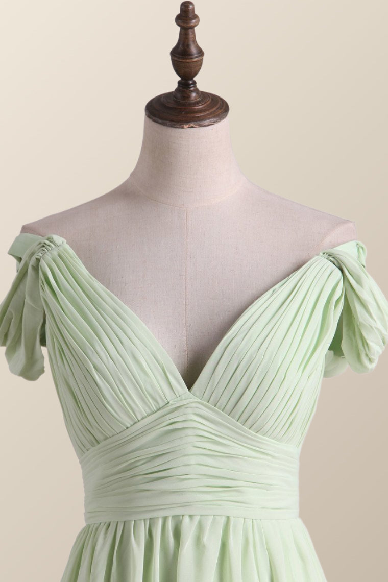 Empire Sage Green Chiffon Pleated V Neck Bridesmaid Dress