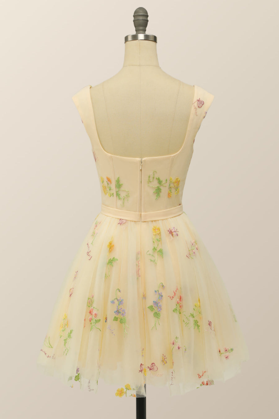 Short Champagne Floral A-line Princess Dress with Cap Sleeves
