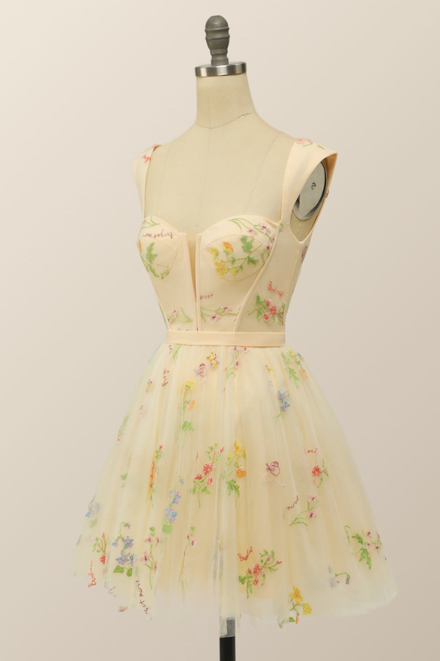 Short Champagne Floral A-line Princess Dress with Cap Sleeves