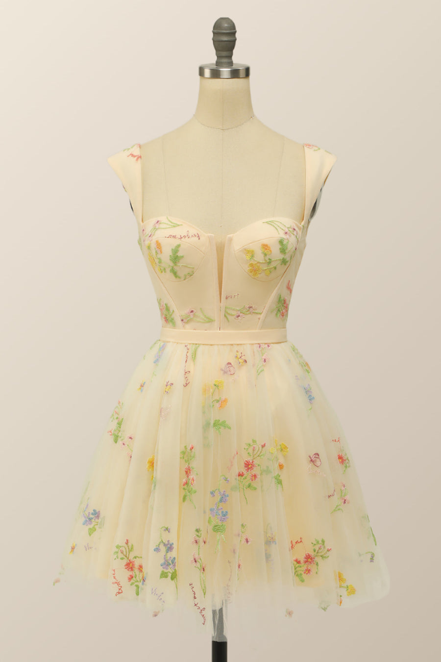Short Champagne Floral A-line Princess Dress with Cap Sleeves