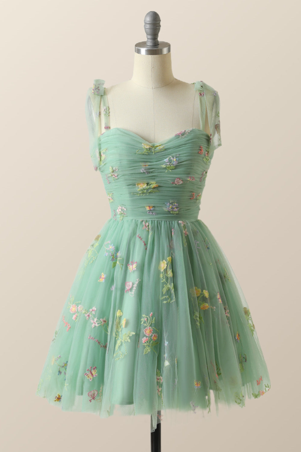 Green A-line Floral Embroidered Short Party Dress