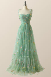 Green A-line Embroidered Long Formal Gown