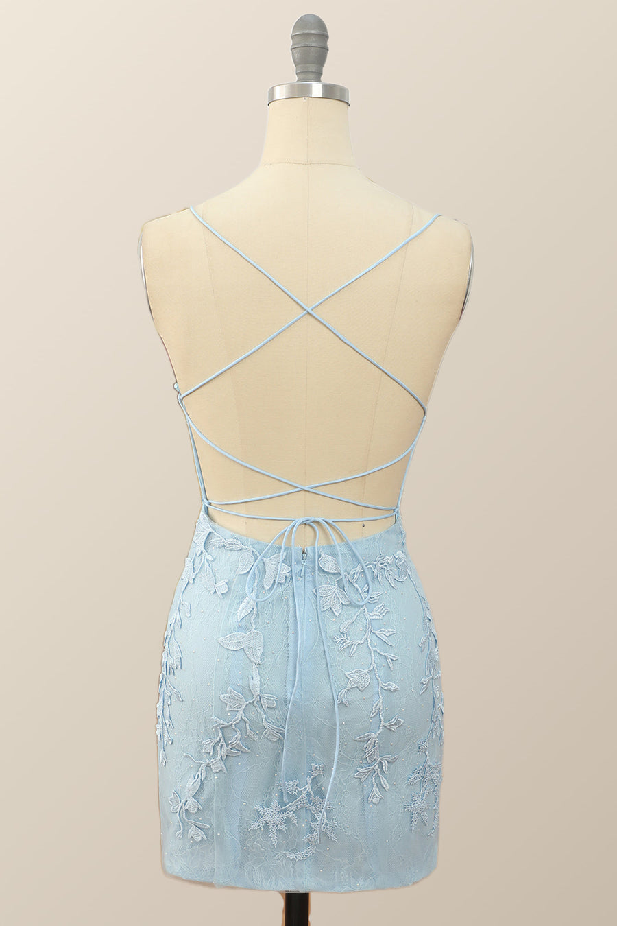 Light Blue Lace Straps Tight Mini Dress