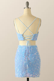 Two Piece Blue Sequin Tight Mini Dress