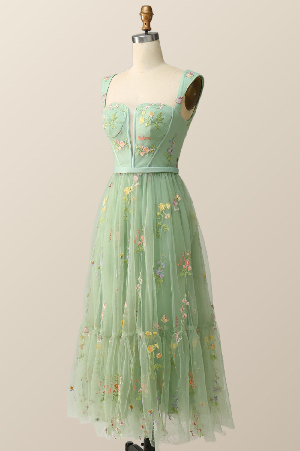 Green Embroidered A-line Midi Dress