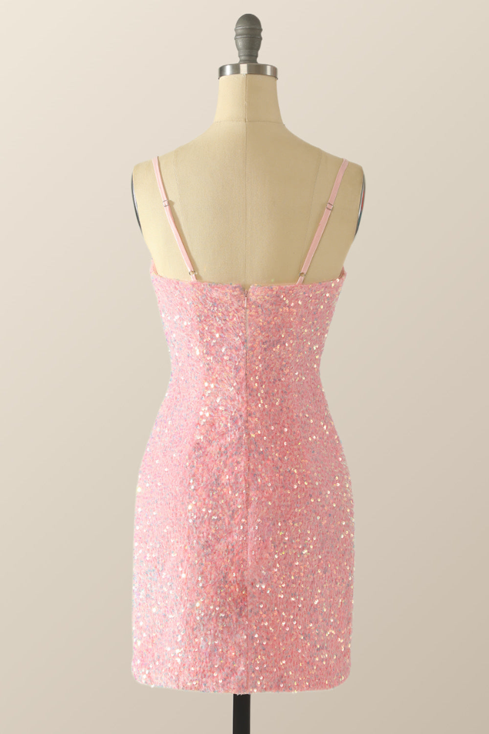 Spaghetti Straps Pink Sequin Bodycon Mini Dress