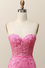 Strapless Hot Pink Lace Mermaid Long Prom Dress