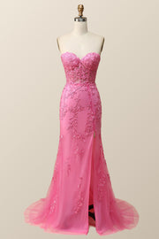 Sweetheart Hot Pink Lace Mermaid Long Prom Dress