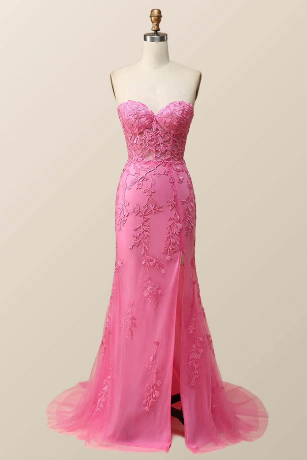 Strapless Hot Pink Lace Mermaid Long Prom Dress