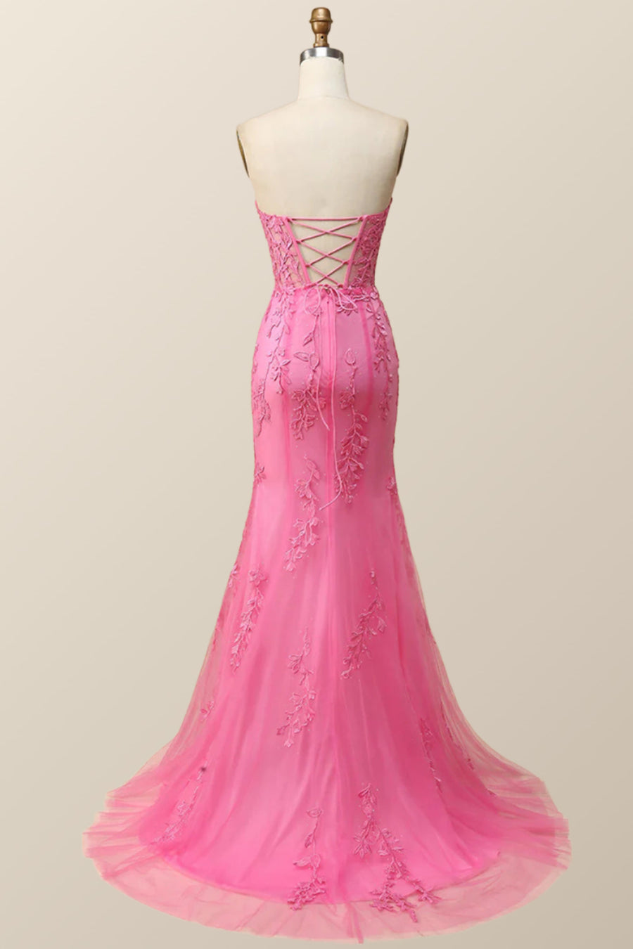 Strapless Hot Pink Lace Mermaid Long Prom Dress – Ohmollydress Strapless Hot Pink Lace Mermaid Long Prom Dress – Ohmollydress